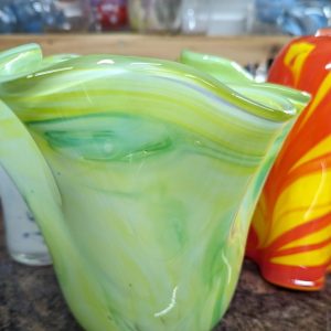 Scalloped Edge Wide Mouth Vase - Spring Greens - Blown Glass