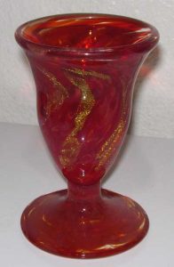 A fiery red and sparkling gold kiddish cup. - Blown Glass