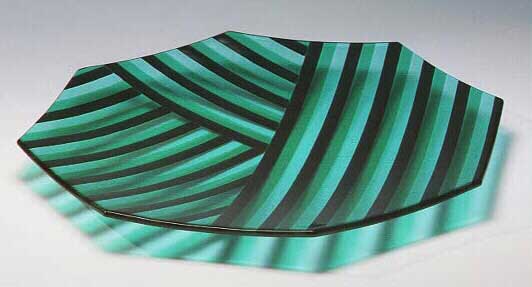 Green striped octagon plate - fused glass.
