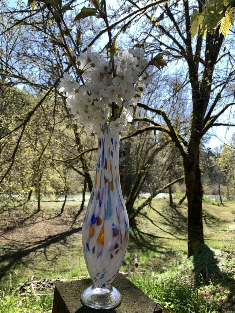 White Bud Vase  with blue, red, orange, and lavendar