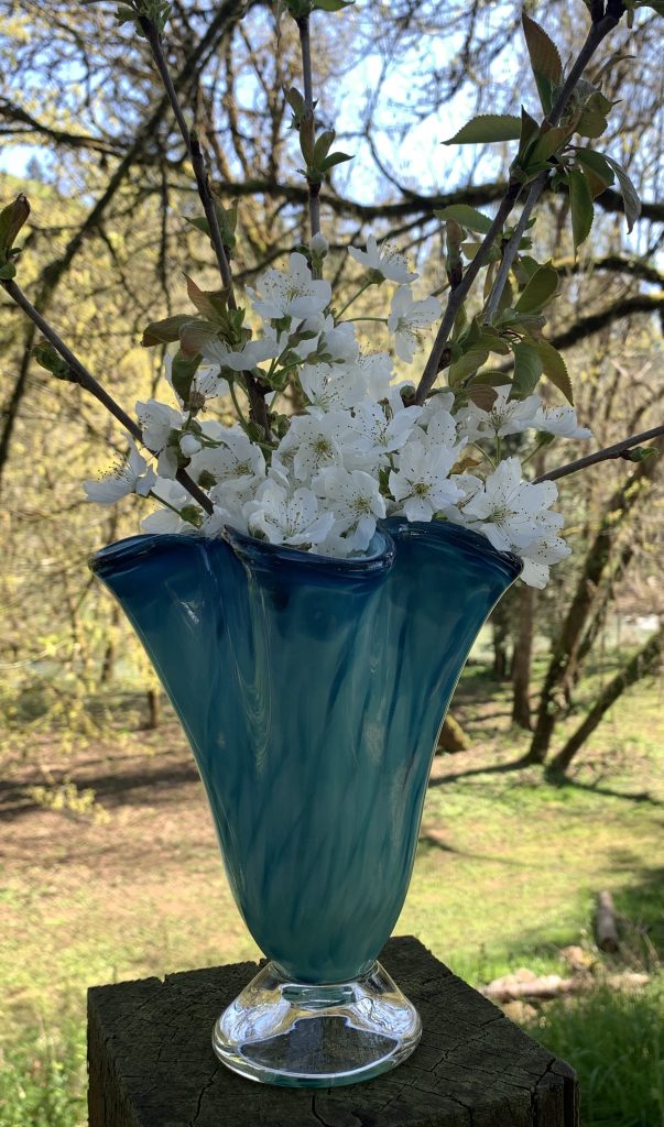 8" Tall Blown Glass Bouquet Vase.  Fades from light green/turquoise to teal to a rich sapphire blue rim